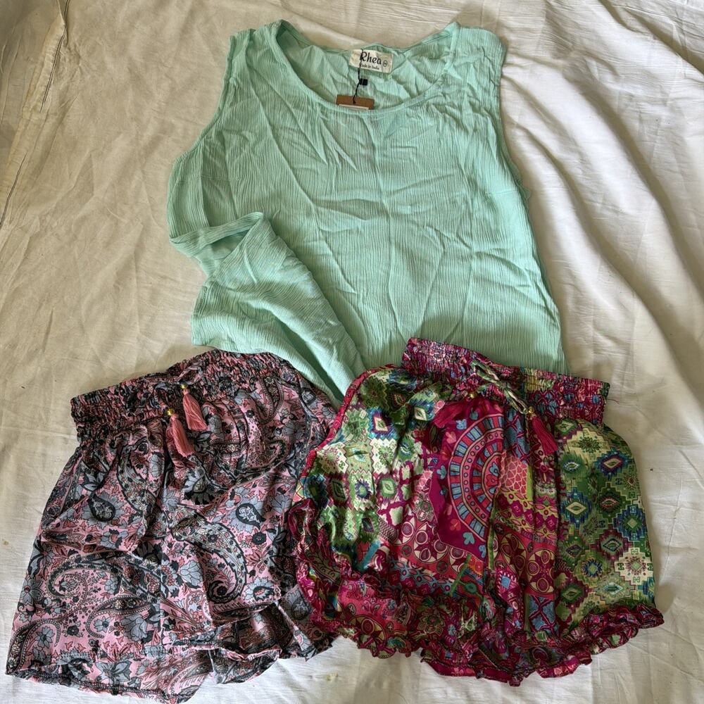 RHEA Cami Tank Top & 2 Shorts Set Women’s Small Medium Bohemian Vacation NEW